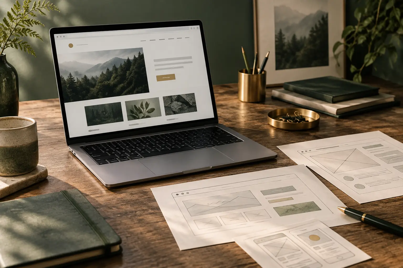 A laptop and interface sketches arranged on a warm workbench.