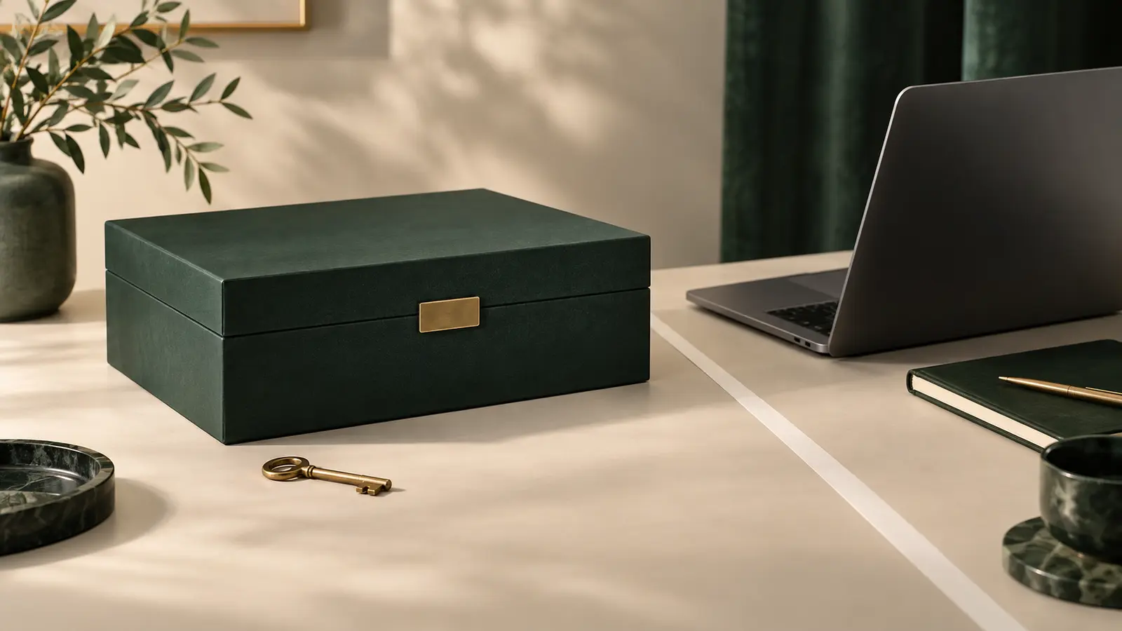 A closed document box and brass key beside a laptop within a clear desk boundary.