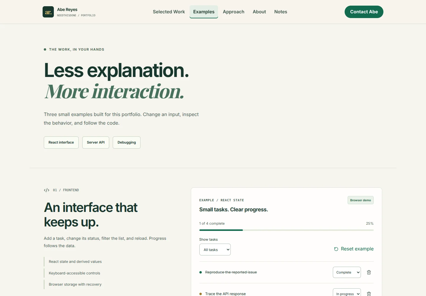 The working examples page, showing the interactive React task board and its accessible controls